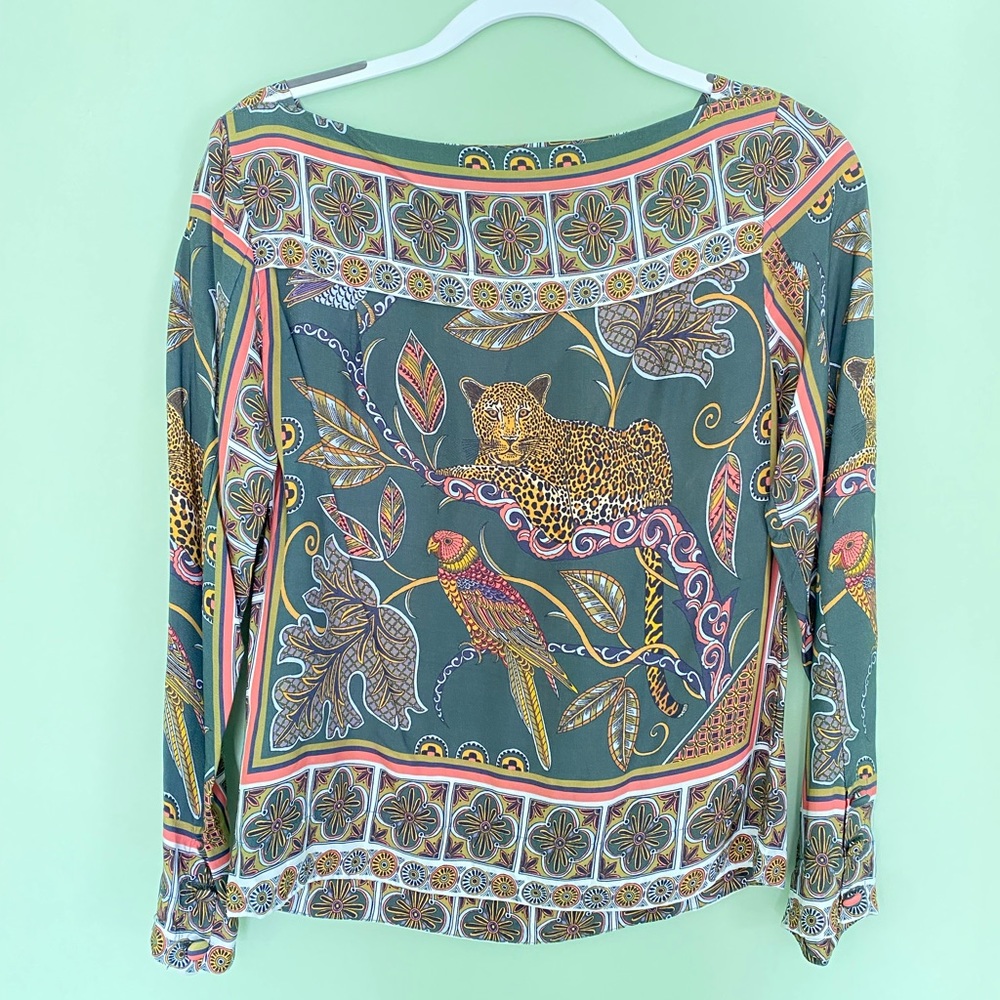 XXS J. Crew Green Botanical Cheetah Print Silk Shirt